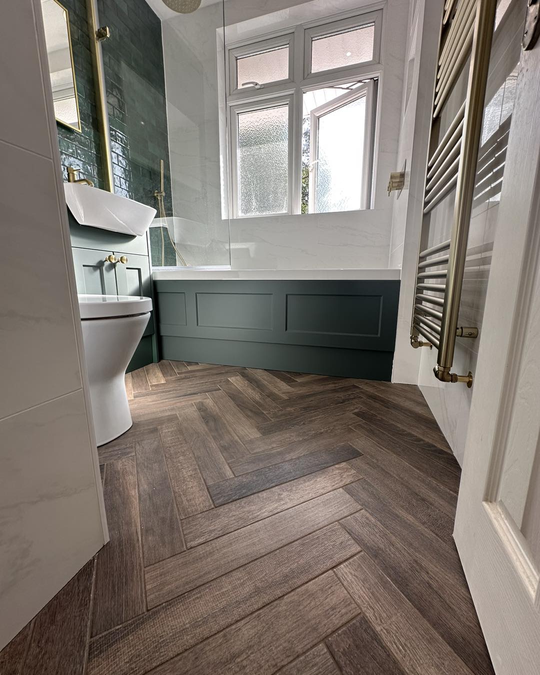 herringbone floor in a bathroom